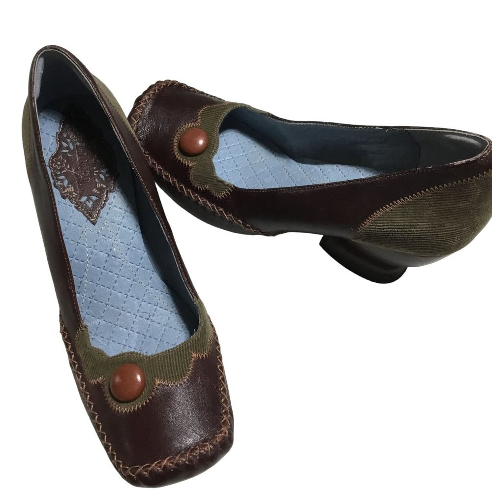 Indigo Brown Brown Leather Top Stitch Square Toe 2.5" Luigi Heel Corduroy Pumps
